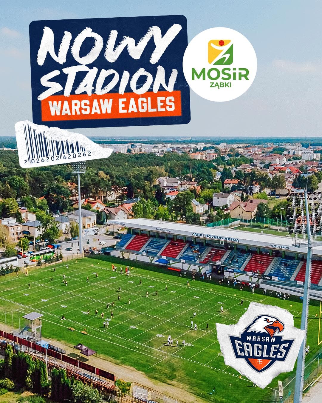 Widok z lotu ptaka na stadion MOSiR Ząbki z boiskiem do futbolu amerykańskiego — grafika „Nowy stadion Warsaw Eagles”